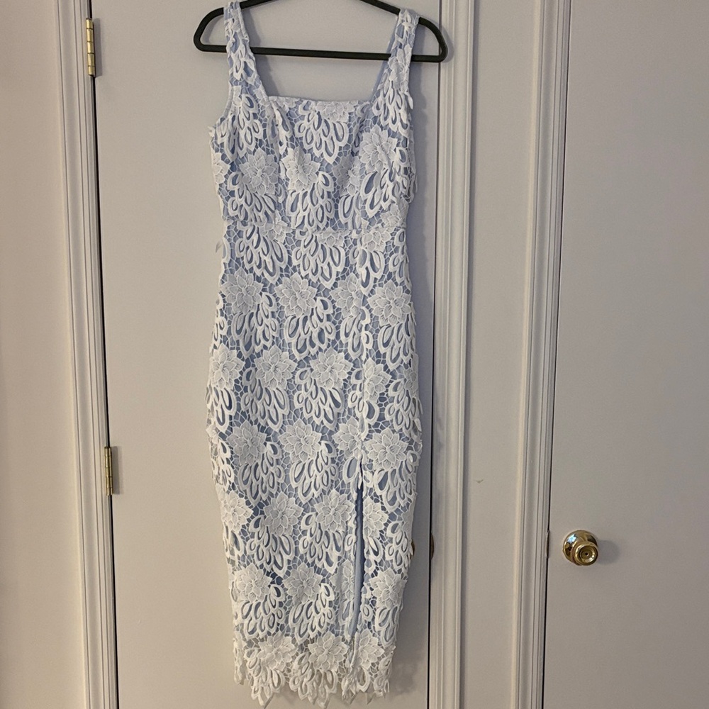 Just Me Light Blue Lace Midi Dress with White Floral Overlay